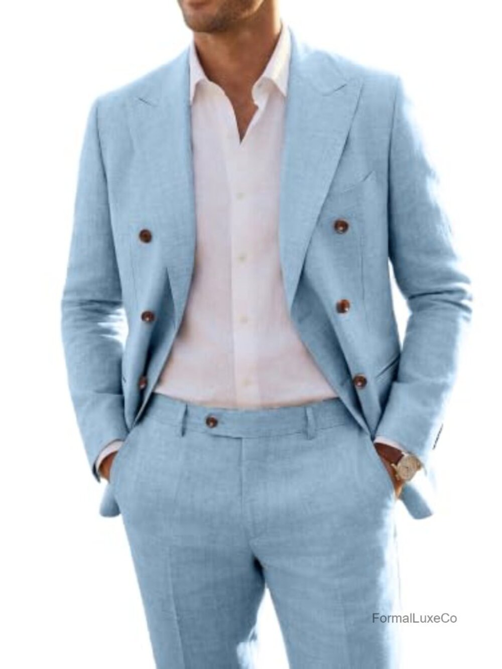 Men's 2-Piece Slim Fit Linen Suit Double Breasted Tuxedo Set